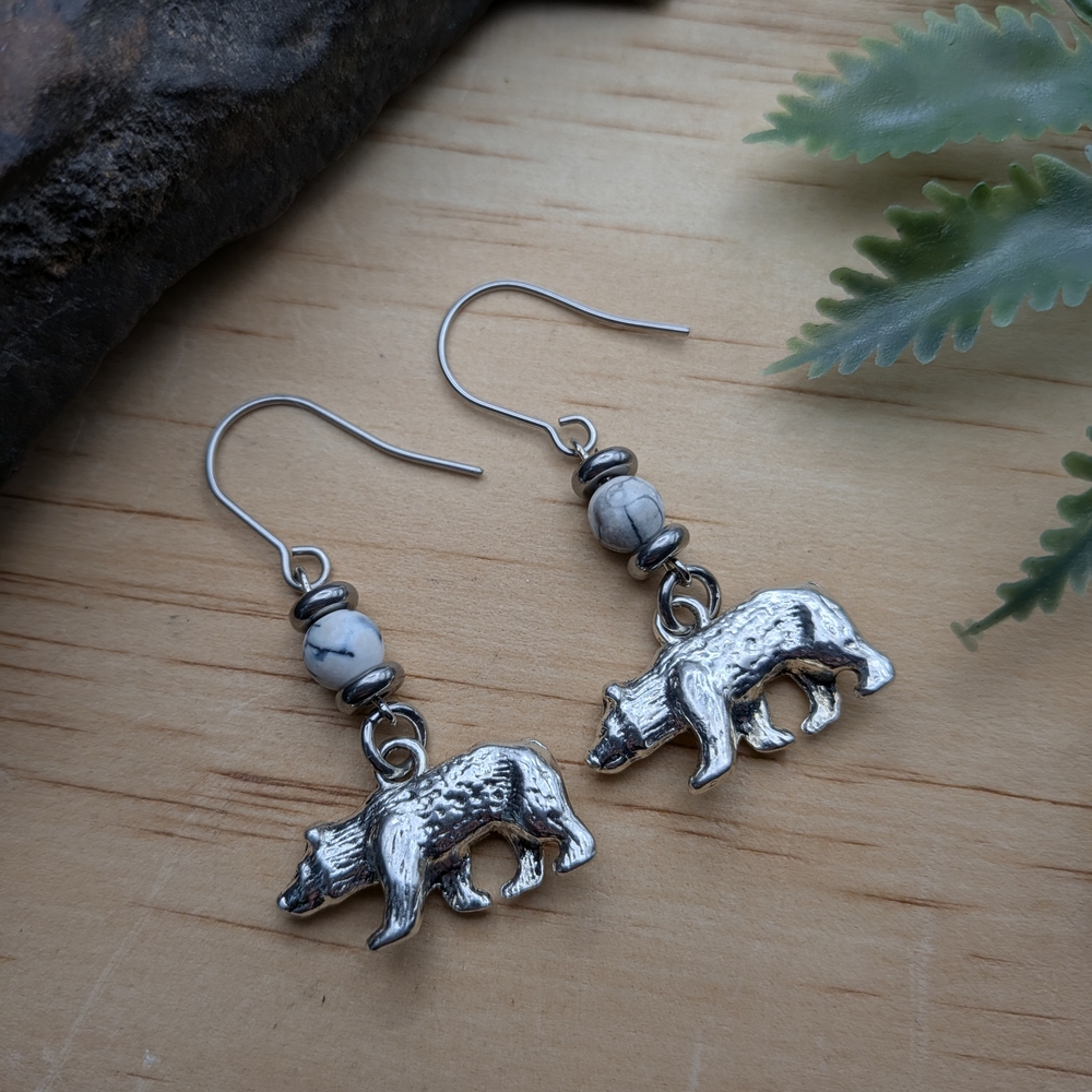 Elegant Silver Bear Earrings with Marble White Accents
